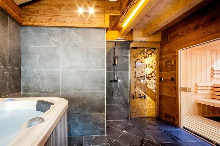 The wellness area with  jacuzzi and a sauna 