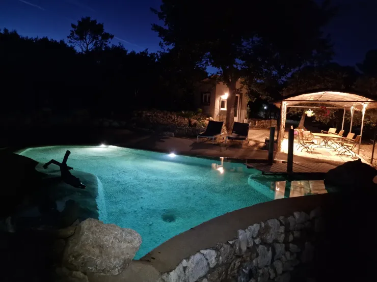 Piscine atypique 9,50 m X 4,50 m à débordement  et sa tonnelle de nuit