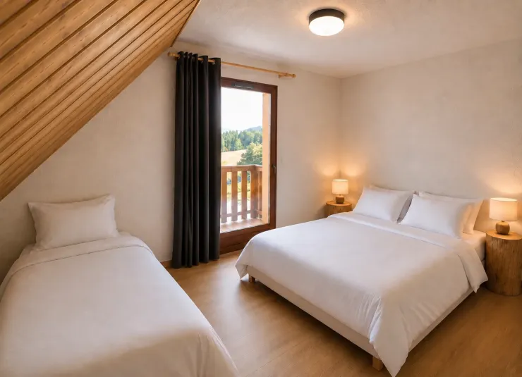 Une chambre avec un lit en 160 et un lit en 90 équipée d’une télé écran plat avec un stick Amazon fire (Netflix, Disney +…)