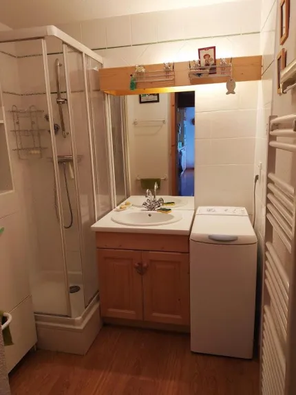 Salle de bain avec douche et machine à laver + séchoir électrique