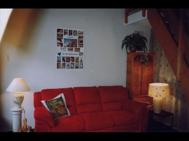 Séjour avec canapé relaxant et escalier menant à la mezzanine