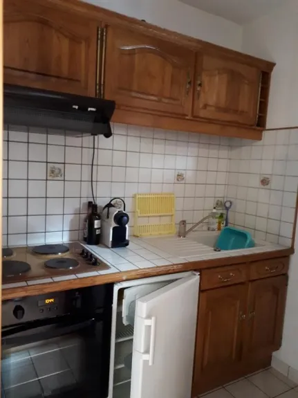 Kitchenette avec table de cuisson ; four à pyrolyse; réfrigérateur avec compartiment congélateur 4*; cafetière traditionnelle et à dosettes; hotte aspirante; éléments hauts et bas avec vaisselle et ustensiles de cuisine.