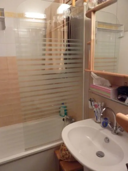 Bathroom with wc, electric heating with convector. iron and ironing board.