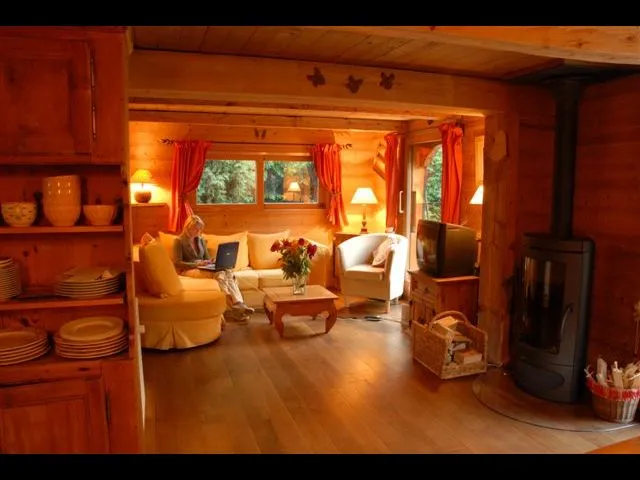 Cosy living-room all wood made, with its poele à bois.