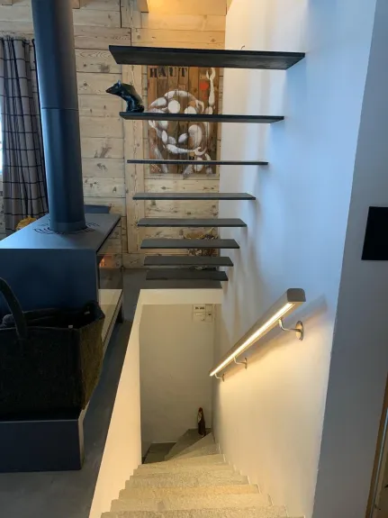 Entrée avec escalier en pierre ,escalier en acier dans le salon décoratif