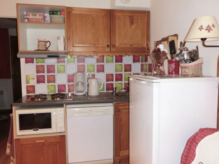 Le coin cuisine: plaques et hotte, lave-vaisselle, réfrigérateur et congélateur, four multi fonctions et microondes, bouilloire, cafetière à filtres et grille-pain