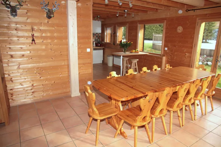 view of the dining room. The table can be extended to fit more people.