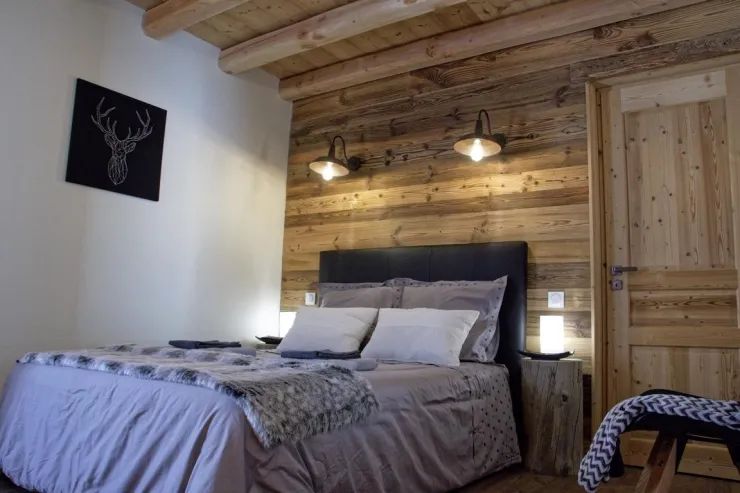 Chambre avec lit double, douche italienne et télévision. 
