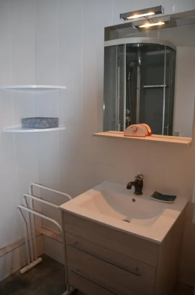 salle d'eau avec douche et sous meuble lavabo