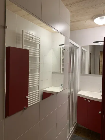 L'ALPAGE : salle d'eau avec douche, vasque, sèche serviettes, sèche cheveux et placards
