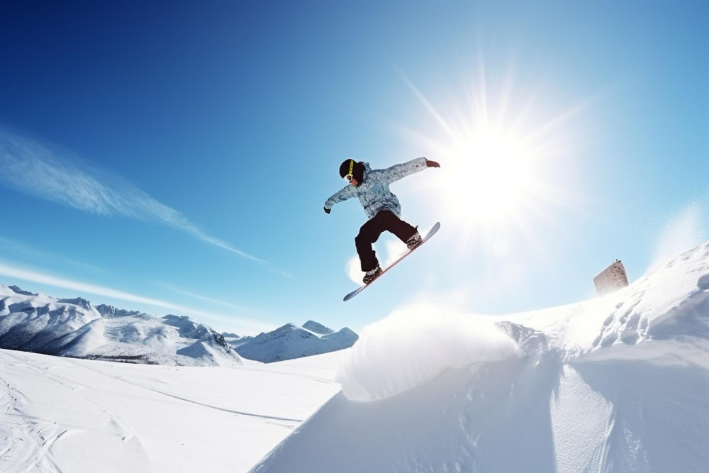 Skier en avril : snowbordeur qui saute une paroi enneigée