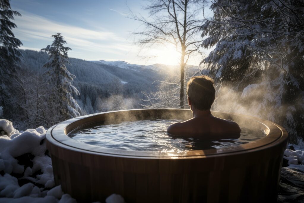 chalets avec jacuzzi privatif : homme de dos dans un jacuzzi face aux montagne