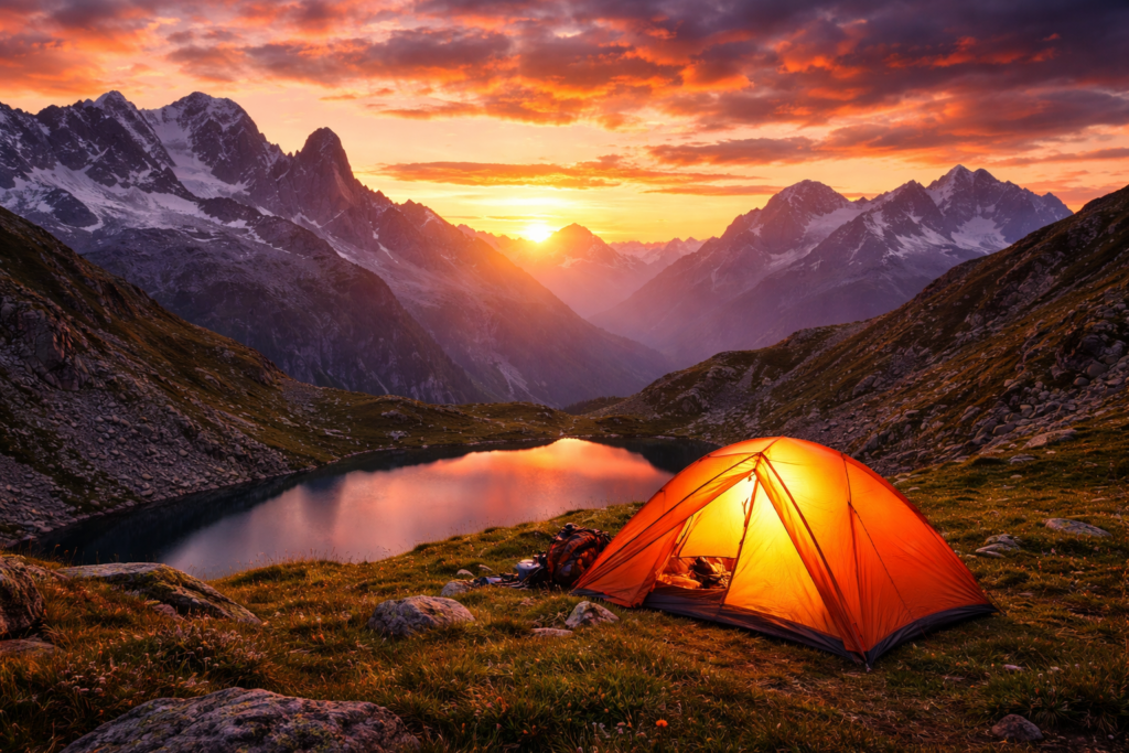 bivouac en montagne : une tente de bivouac orange devant un petit lac de montagne et coucher de soleil