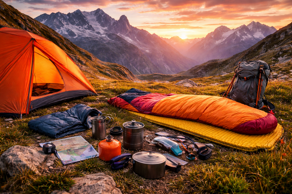 matériel bivouac montagne : tente, sac de couchage, équipement