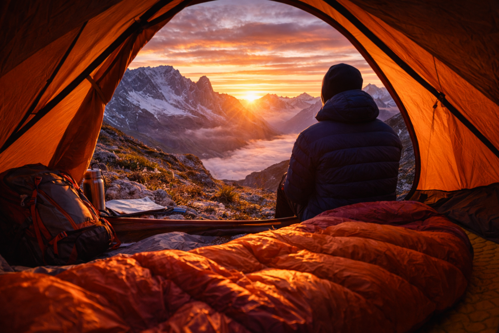 Bivouac en montagne : homme de dos qui regarde les montagnes depuis sa tente