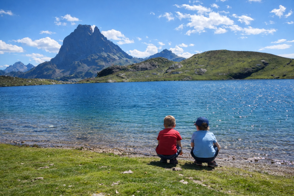 Vacances en famille été vallée d'ossau pyrénées. Deux enfants de dos face au lac